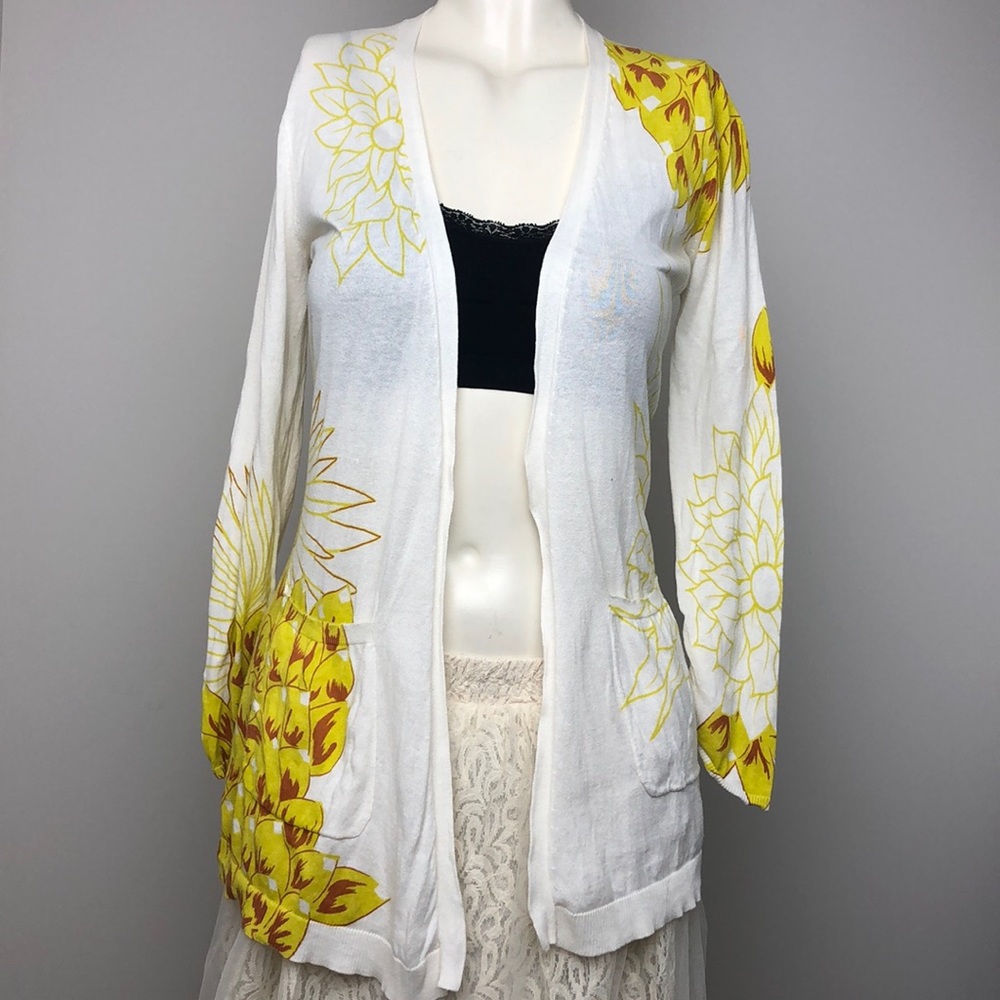 Anthropologie Sparrow White Yellow Floral Print Lightweight Cardigan Size S